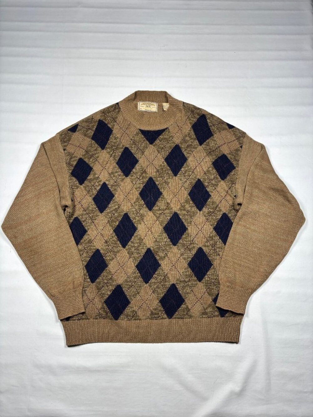 Vtg New River Co Mens XL Argyle Brown Navy Cotton Ramie Knit Sweater Grandpacore